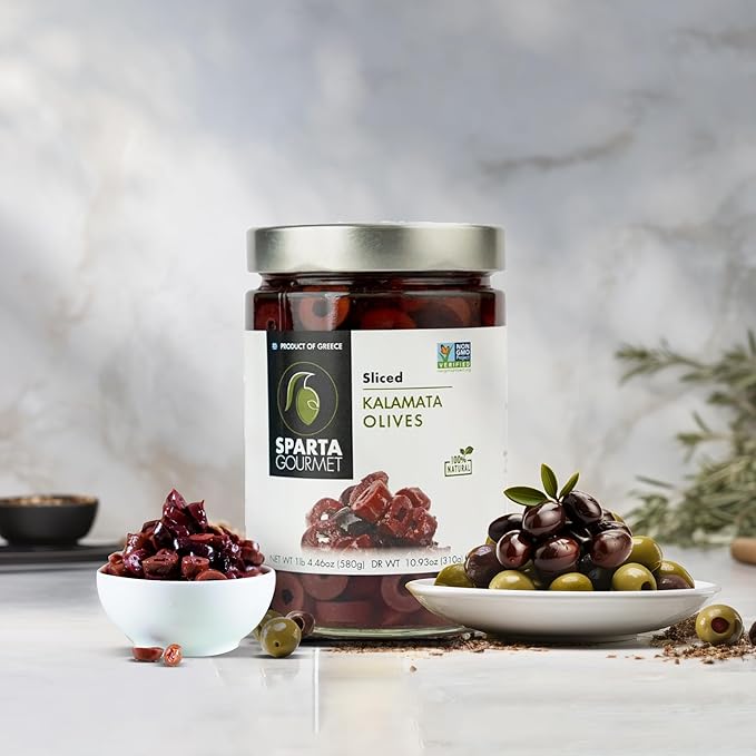 Kalamata Olive | Sliced Kalamata Olive – Natural - Non GMO – Sparta Gourmet – 580gm