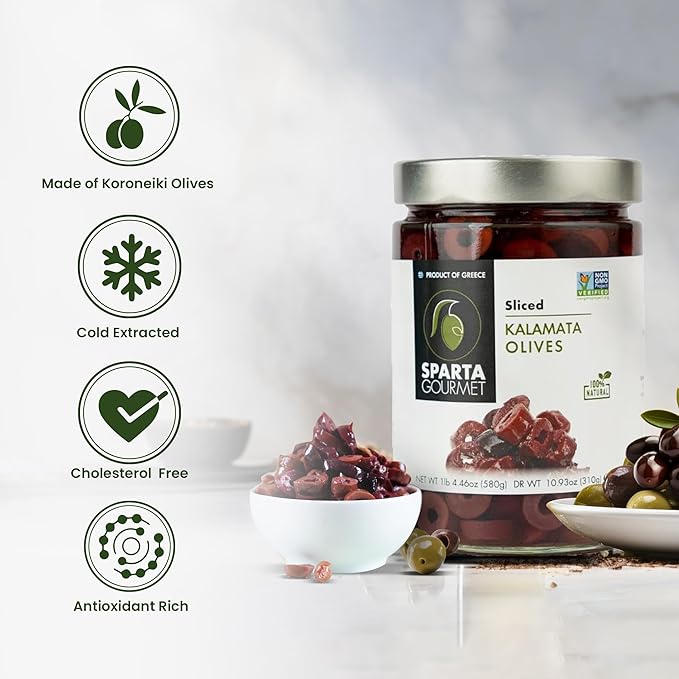 Kalamata Olive | Sliced Kalamata Olive – Natural - Non GMO – Sparta Gourmet – 580gm