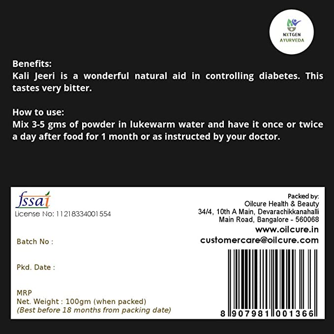 Kali Jeeri - Natural - Indian - Vegan, Diabetic Friendly, Worms, Eczema, Blood Sugar Spikes & Weight Loss - Nxtgen Ayurveda - 100gm
