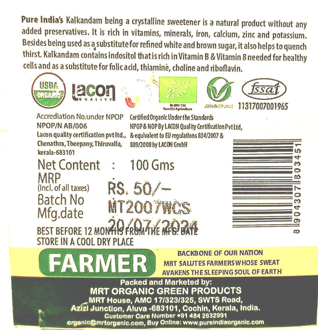 Kalkandam (White Crystal Sugar) - USDA Organic – MRT Organics – 250gm