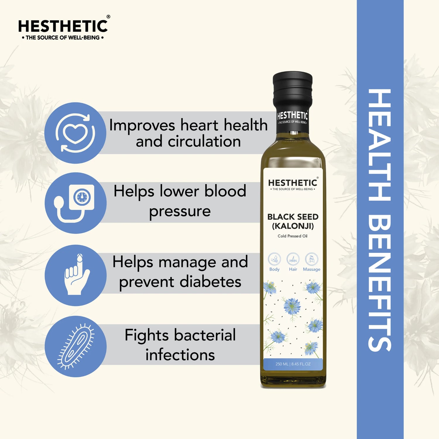 Kalonji Oil | Black Cumin Seed (Kalonji) – For Body, Hair & Massage – Virgin Cold Pressed Oil – HESTHETIC – 250ml