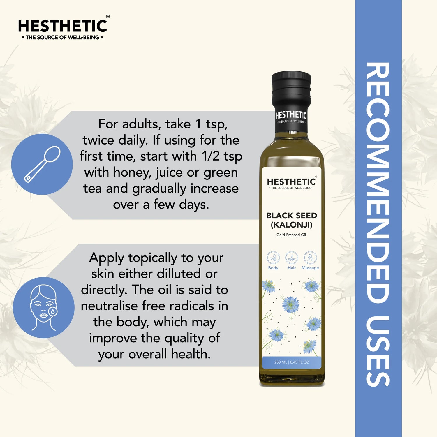 Kalonji Oil | Black Cumin Seed (Kalonji) – For Body, Hair & Massage – Virgin Cold Pressed Oil – HESTHETIC – 250ml