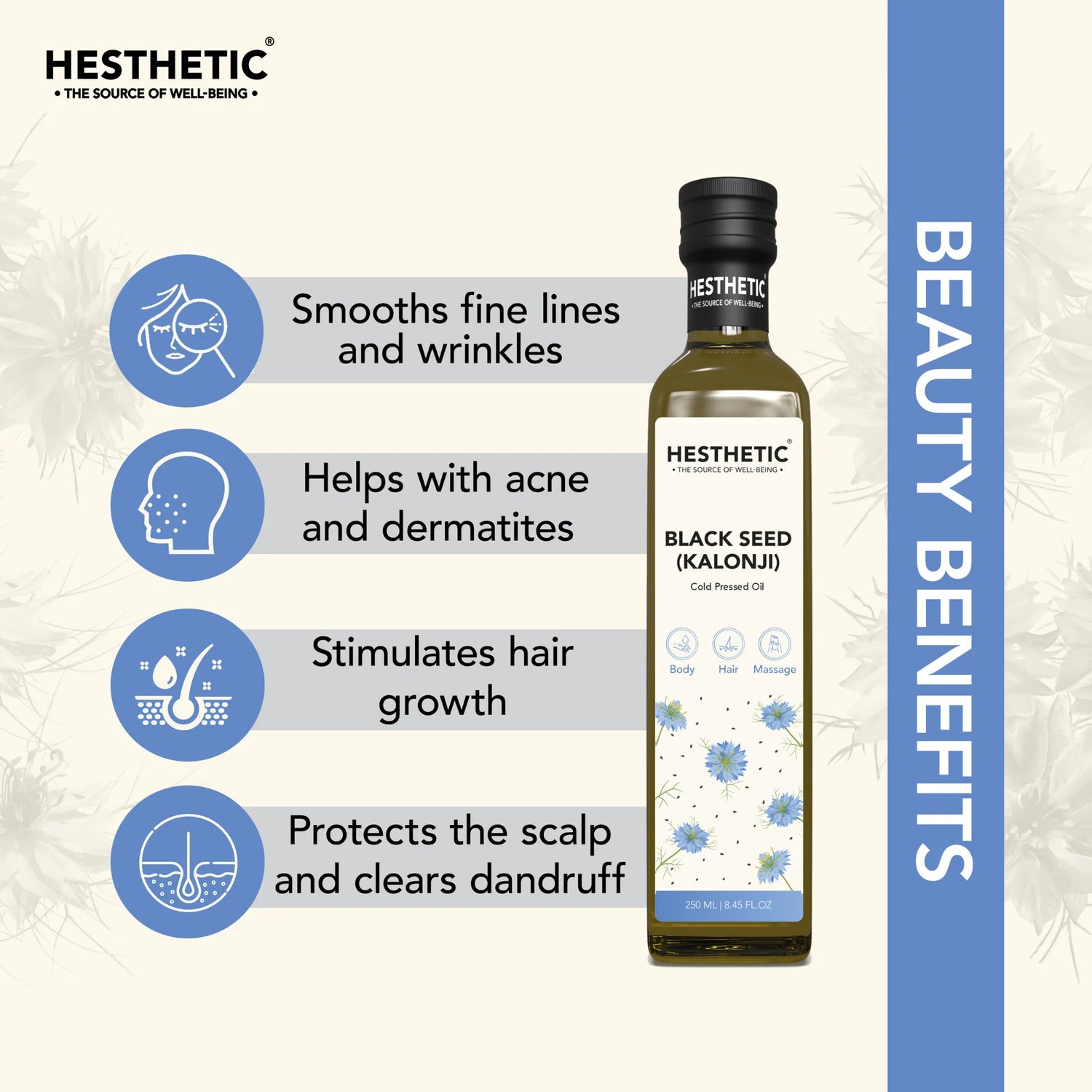 Kalonji Oil | Black Cumin Seed (Kalonji) – For Body, Hair & Massage – Virgin Cold Pressed Oil – HESTHETIC – 250ml