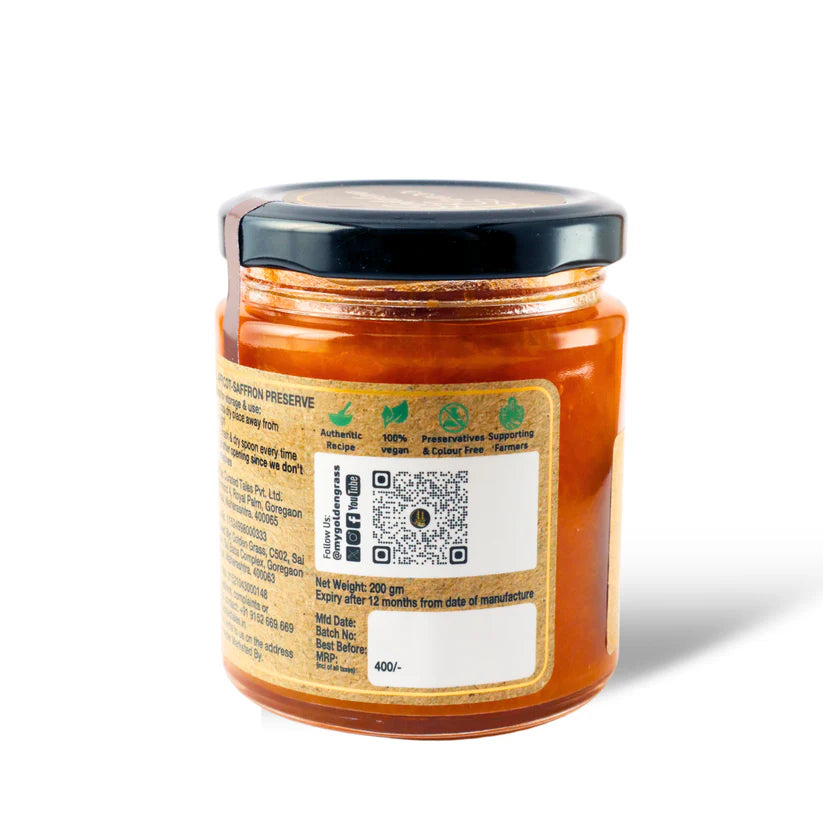 Saffron Preserve | Kargil Apricot & Saffron Preserve - 100% Natural-No Refined Sugar – Vegan, No Added Colour & No Added Preservatives – Golden Grass – 200gm