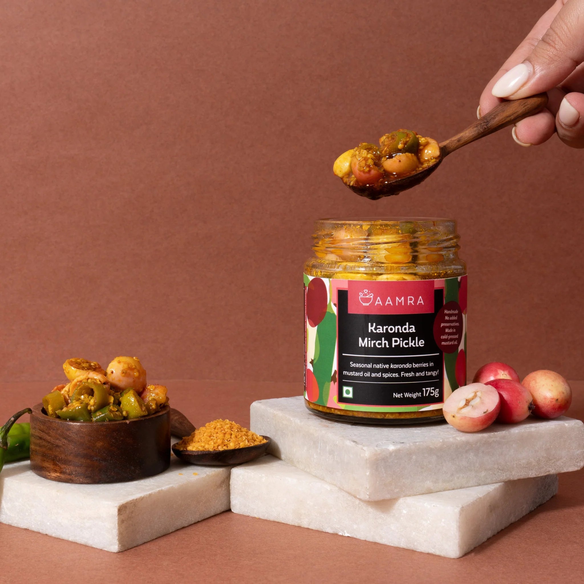 Pickle | Karonda Mirch Pickle (Seasonal!)-Fresh Tangy , Pickled Karonda Green Chillies- Handmade, Cold Pressed Mustard Oil - No Added Preservatives - Aamra - 175gm