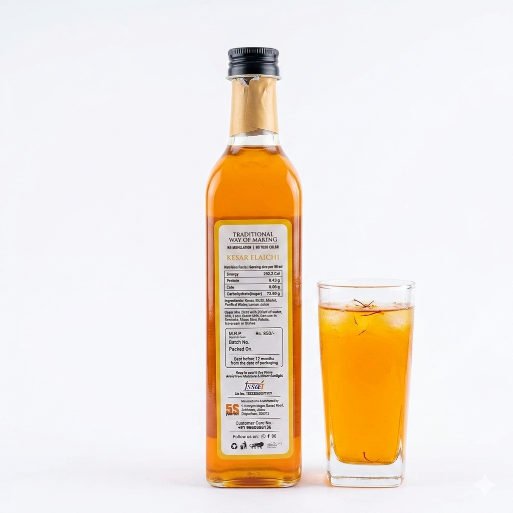 Sharbat | Kesar Elichi Sharbat - Taste Of Rajputana - No Added Artificial Colors, Distillation & No Added Preservatives – 5S Farm – 700ml