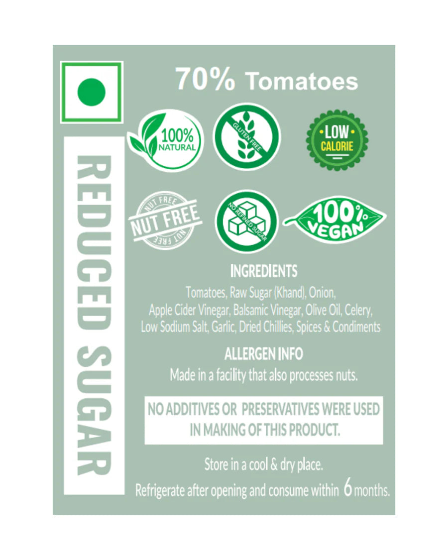 Ketchup | Klassic Ketchup (70% Tomatoes)- 100% Natural, Gluten Free, Vegan – Reduced Sugar- No Additives & Preservatives - The Gourmet Jar – 225gm