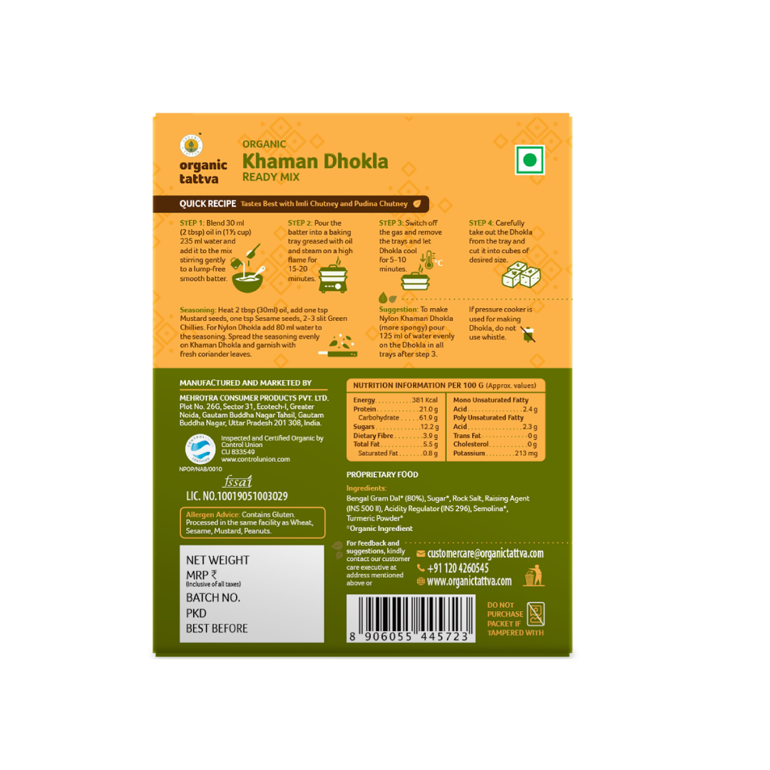 Khaman Dhokla - USDA Organic - Ready Mix - Rich In Protein, Soft & Feather Light Gujrati Style Steamed Snack - Organic Tattva - 200gm