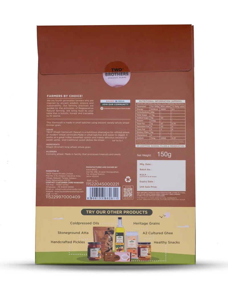 Vermicelli | Khapli Vermicelli - Sewai (Semiya) Emmer Long Wheat - Two Brothers - 150gm