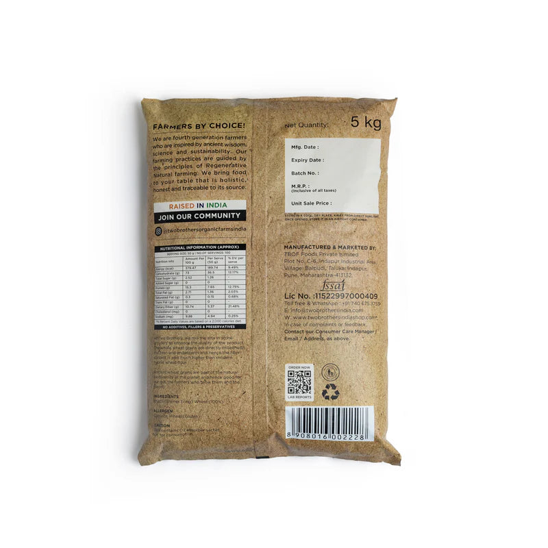 Khapli Flour | Khapli (Emmer Long Wheat) Atta - Stoneground - Natural - High In Fiber - Two Brothers – 5000gm