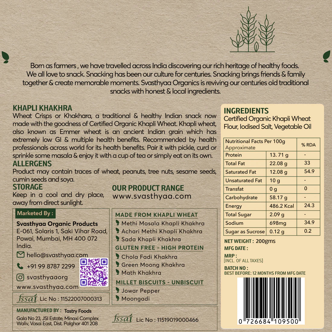 Khakhra | Khapli Wheat (Sada) - Roasted - Plain - Vegan, Gluten Free, Preservatives Free, No Added Sugar, High In Fibre, Low Gi & No Maida - Svasthyaa - 200gm