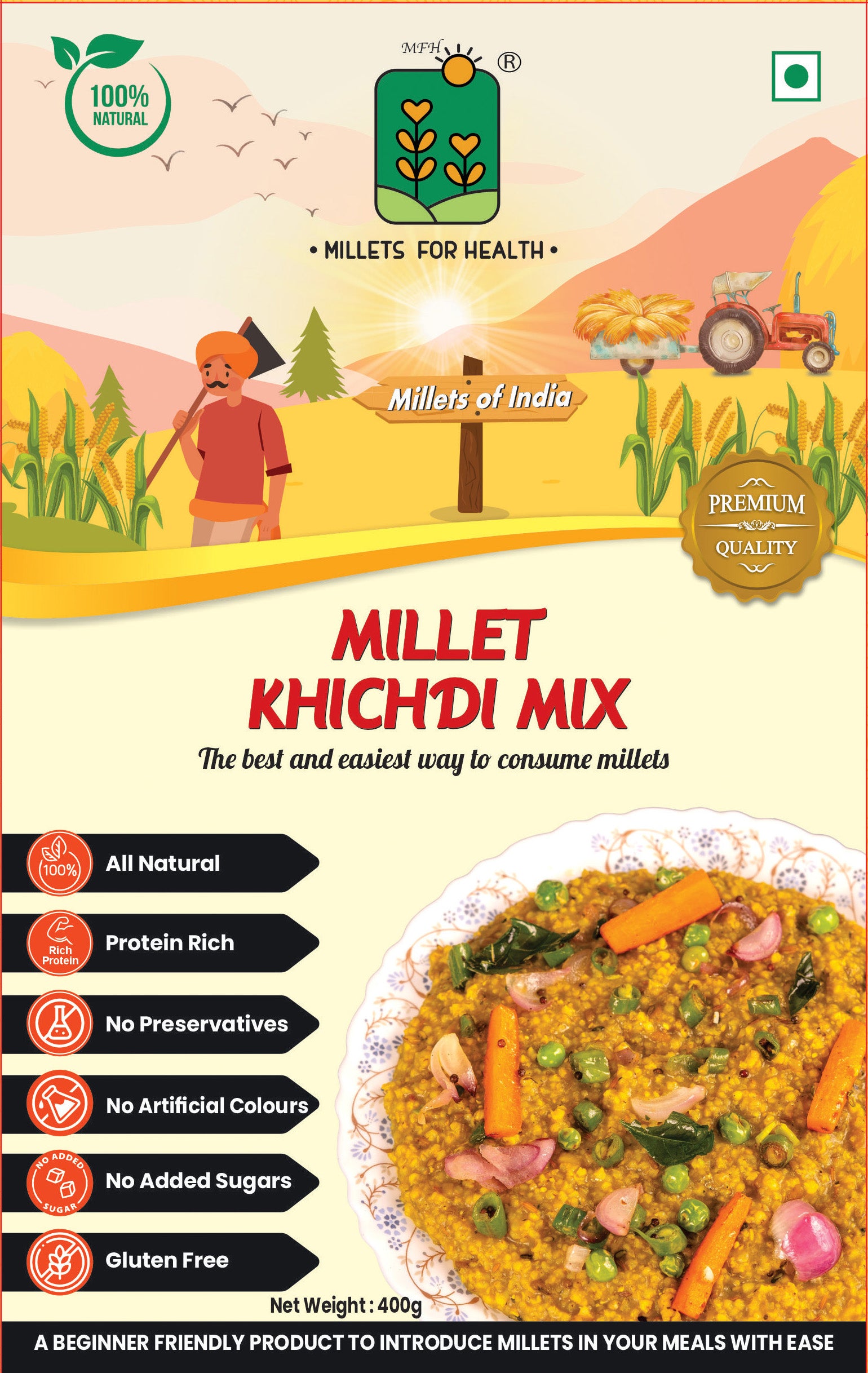 Millet Khichdi Mix | (Goodness Of Multiple Millets In One) - All Natural - Gluten Free, Chemical Free, Diabetic Friendly, High In Protein & High In Fiber - Millet For Health - 400gm