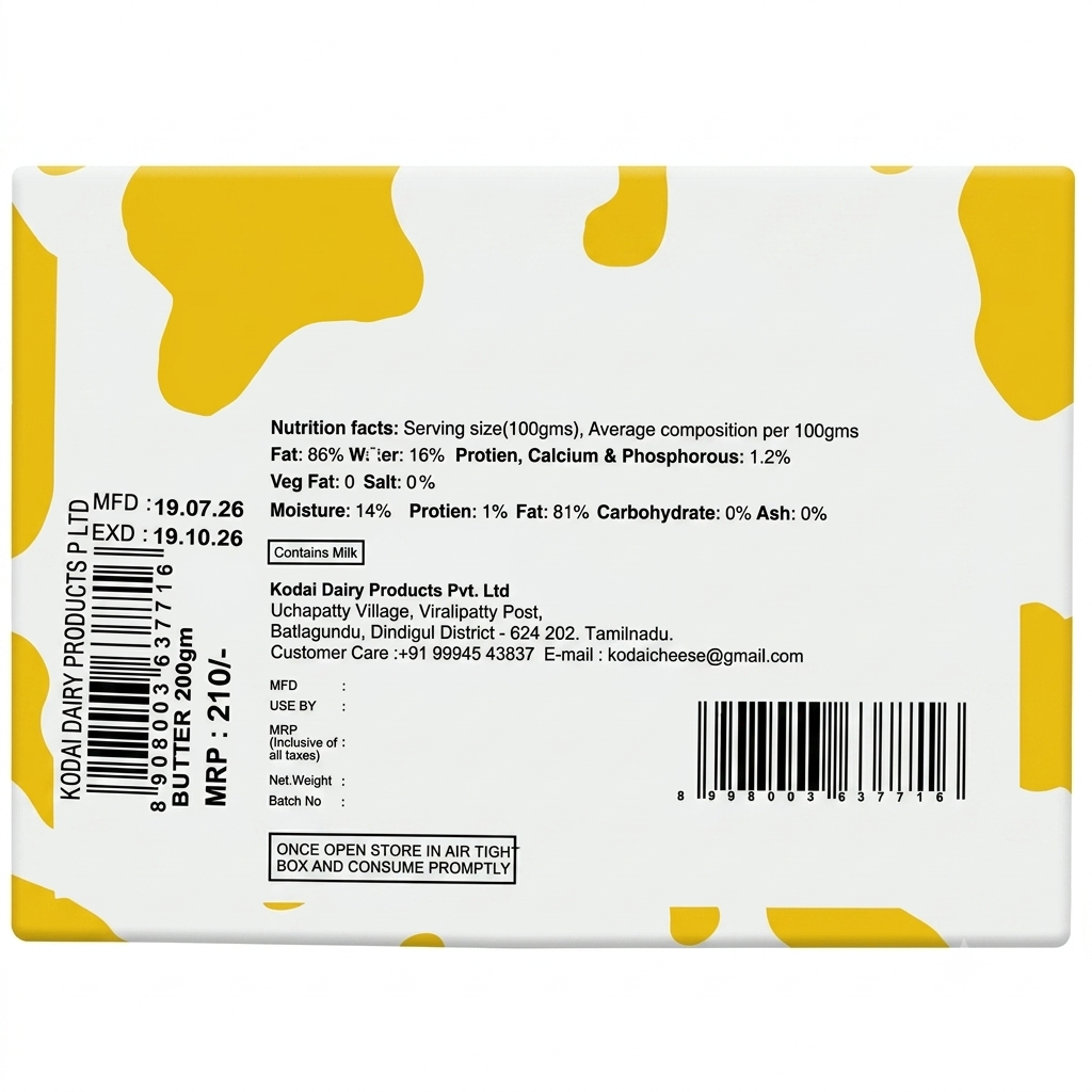 Butter | Kodai Butter (Unsalted) -Pasteurized Fermented Cultured -Natural - Kodai – 200gm