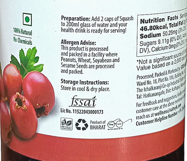 Kokum Squash | 100% Natural - No Artificial Preservatives & No Added Color Or No Synthetic Preservatives - Satvyk - 500ml