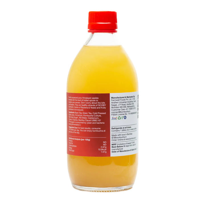 Kombucha | Apple Spice Kombucha - Raw & Unpasteurized - No Added Vinegar, Artificial Flavours Or No Added Preservatives - Bombucha - 500ml
