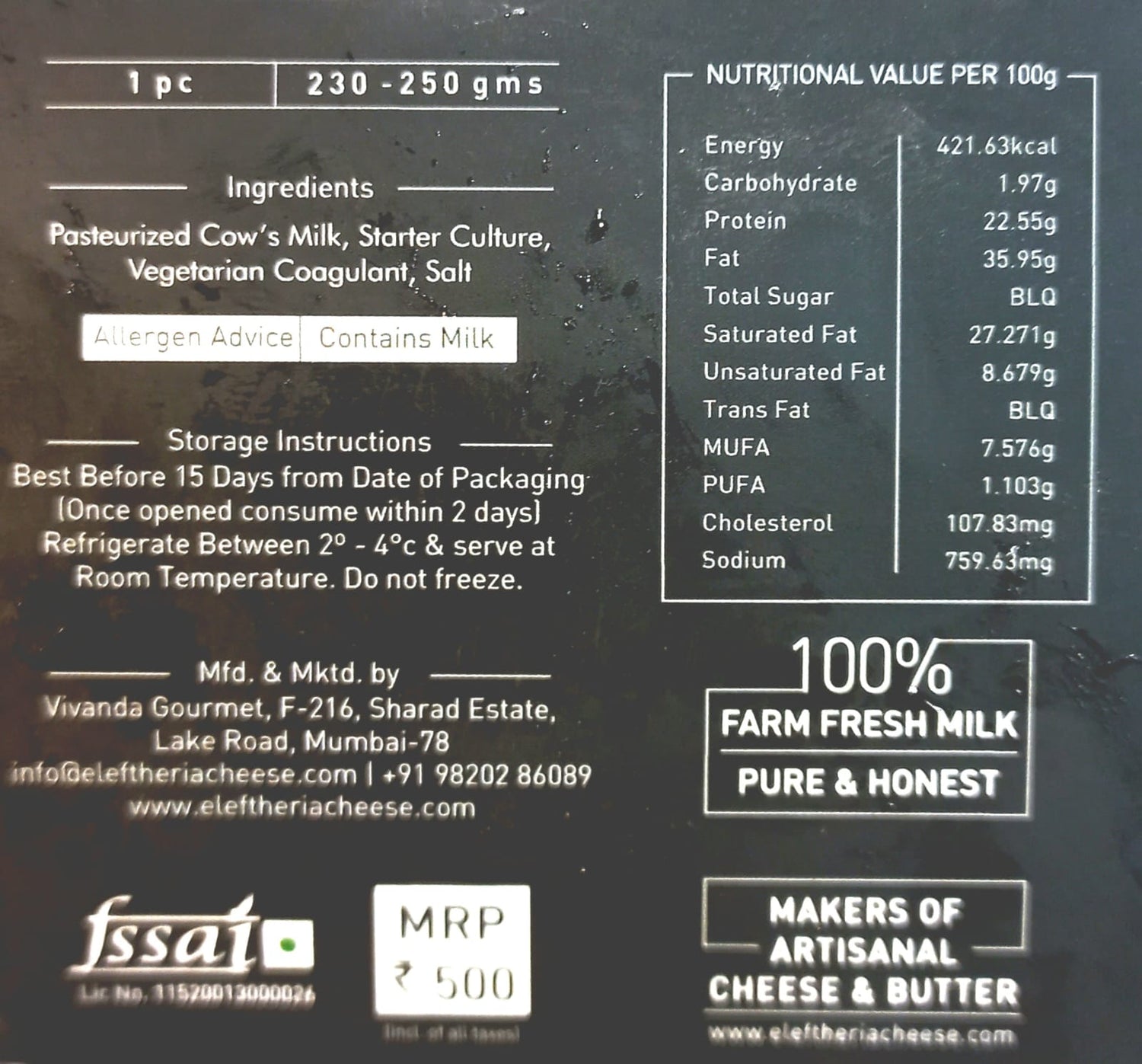 Cheese | Konark –  French ‘Tomme’ Style Cheese - Eleftheria Cheese - 230-250gm