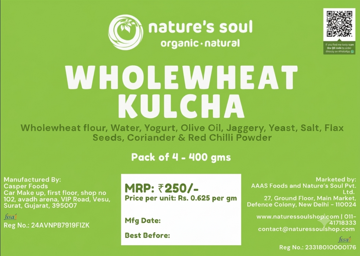 Whole Wheat Kulcha - No Bread Improver, Emulsifiers, Stabiliser, No Preservatives & No Flavour Enhancer Or No Refined Sugar - Nature&