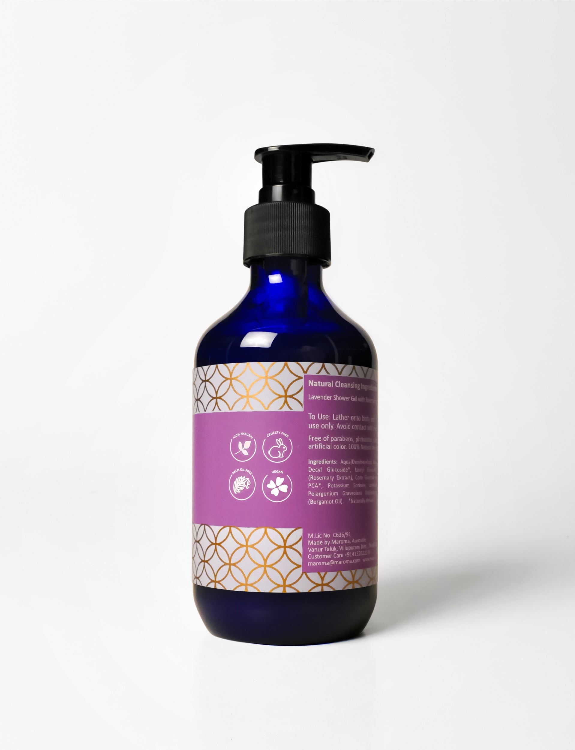Shower Gel | Lavender Shower Gel (With Rosemary Extract) - 100% Natural - Vegan, Cruelty Free, Palm Oil Free, No Parabens, Synthetic Fragrances & No Artificial Color - Maroma - 300ml