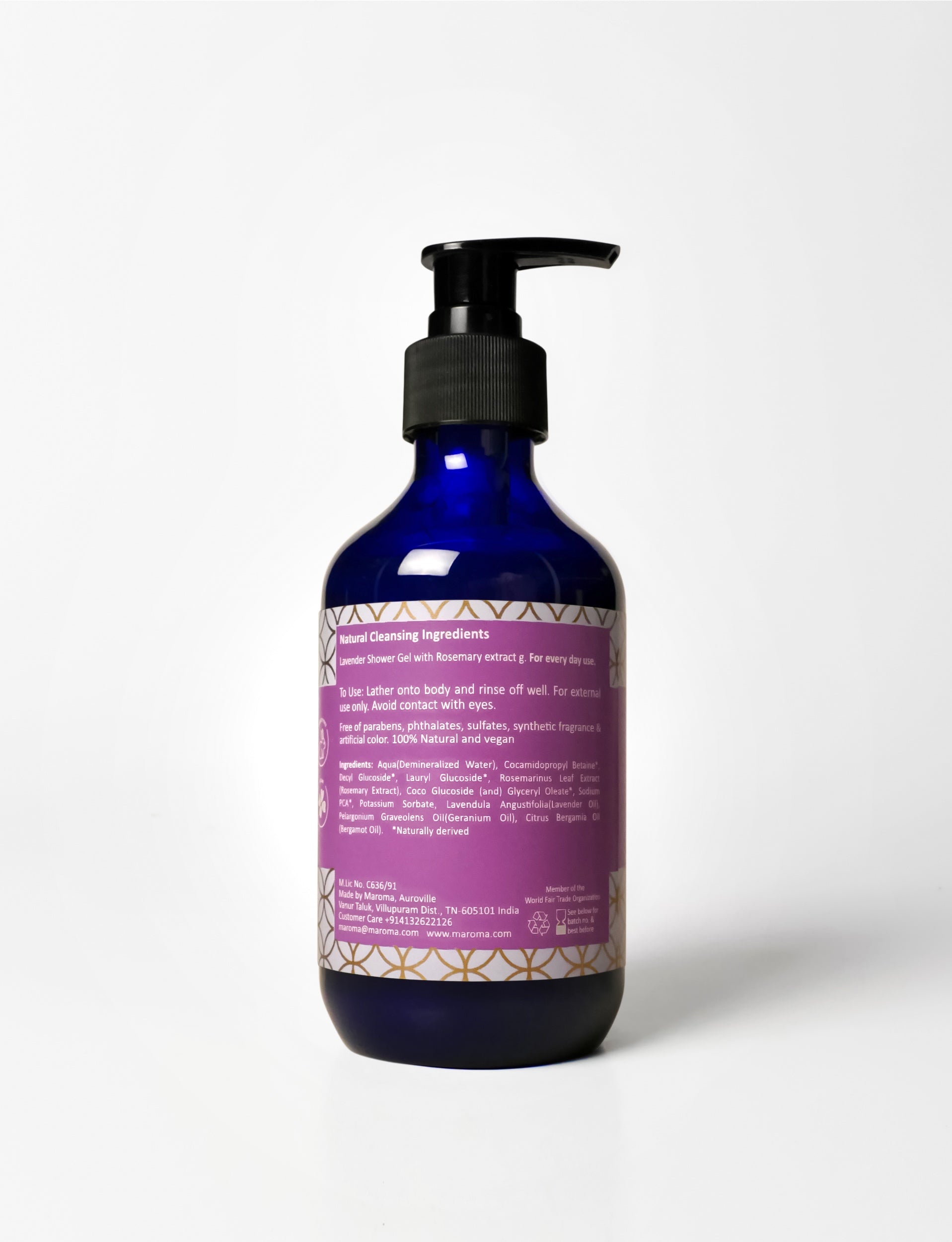 Shower Gel | Lavender Shower Gel (With Rosemary Extract) - 100% Natural - Vegan, Cruelty Free, Palm Oil Free, No Parabens, Synthetic Fragrances & No Artificial Color - Maroma - 300ml