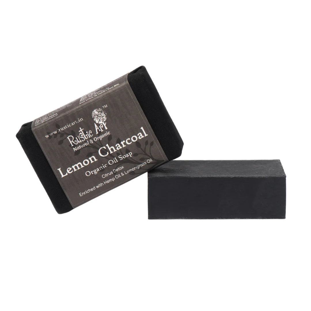 Soap | Lemon Charcoal Soap - Enriched With Hemp Oil & Lemongrass oil - Rustic Art - 100gm