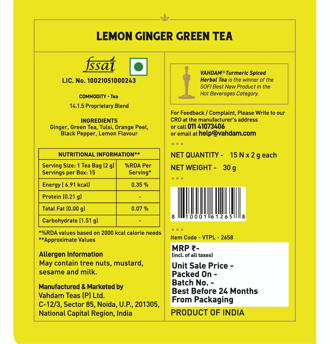 Lemon Ginger Green Tea - Vahdam - 15Tea Bags