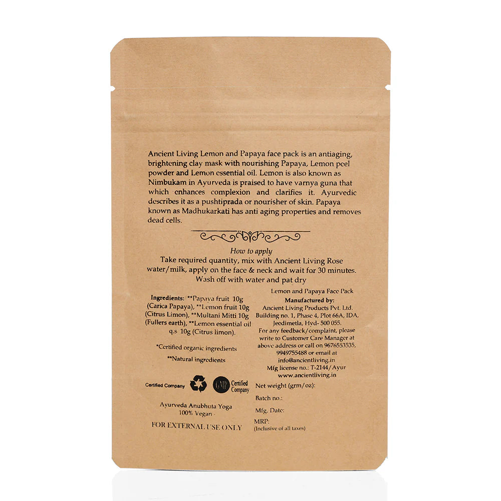 Face Pack | Lemon & Papaya Face Pack (With Natural Papaya And Nibookam) - Anti Aging Facial Mask Ancient Living - 40gm