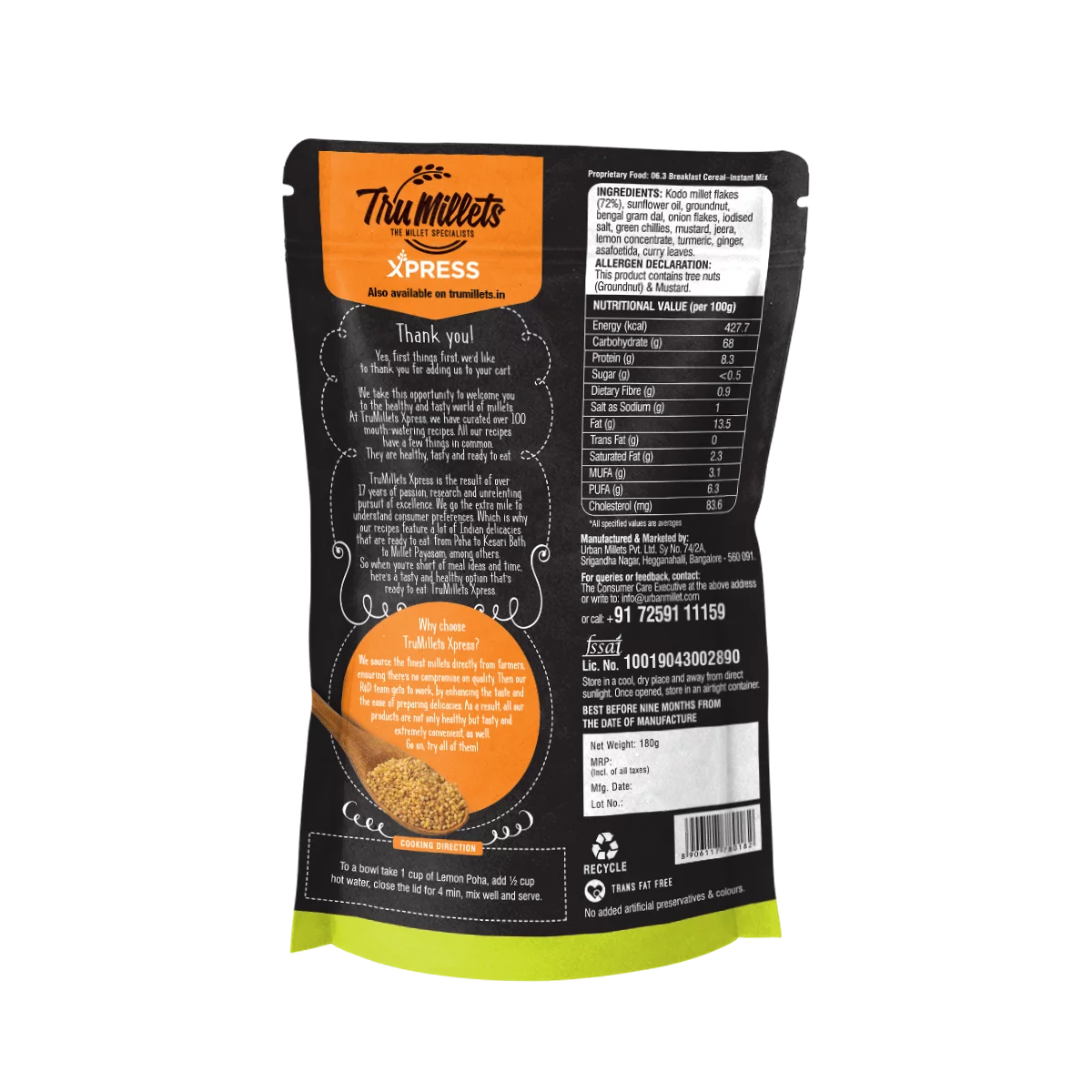 Lemon Poha - 72% Millet – Natural - Gluten Free, Rich Source Of Protein, Iron, Calcium & Trans Fat Free - TruMillets - 180gm