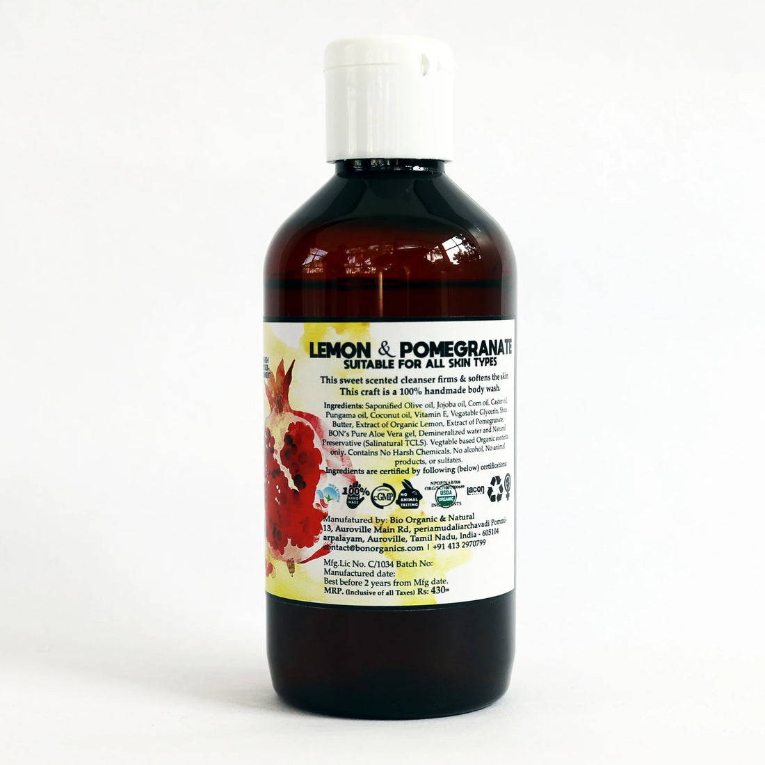 Body Wash | Lemon & Pomegranate - Suitable For All Skin Types - No Harsh Chemicals, No Alcohol, No Animal Products & No Paraben Sulphates - Bon Organics - 200ml