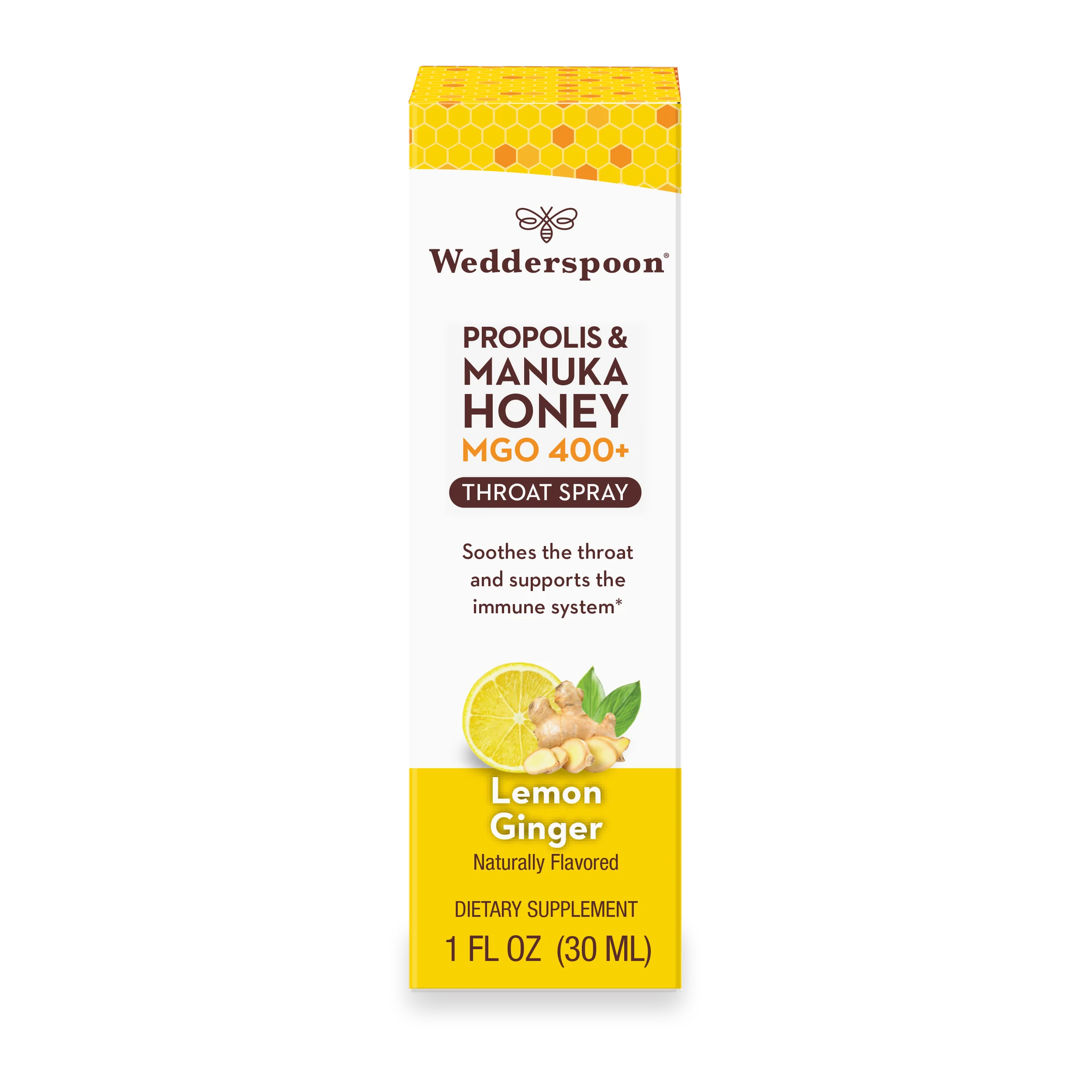 Propolis and Manuka Honey - MGO 400+ - Throat Spray - Lemon Ginger - Natural Flavoured - Wedderspoon - 30ml