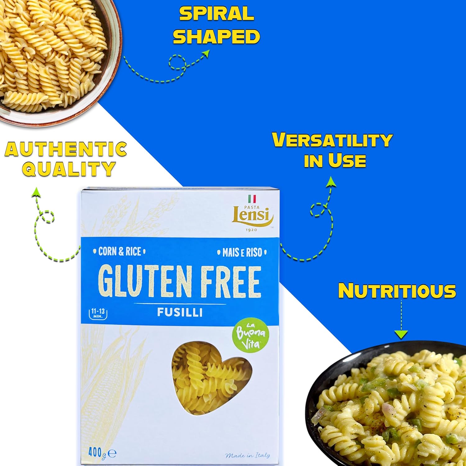 Pasta | Fusilli Pasta (Made By Corn & Rice) - Flavourful - Made In Italy - Health Friendly - Gluten Free & Lactose Free - Pasta Lensi - 400gm
