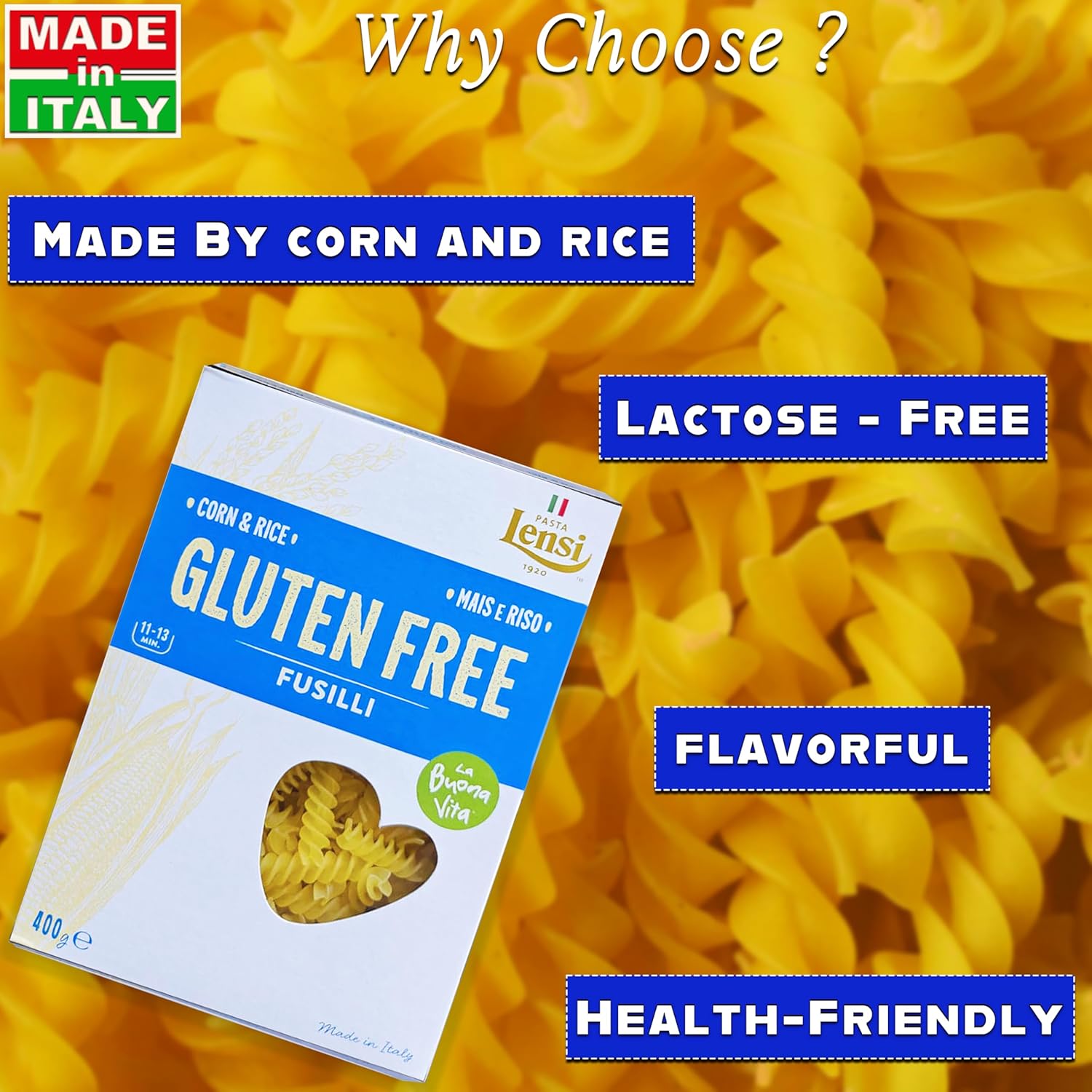 Pasta | Fusilli Pasta (Made By Corn & Rice) - Flavourful - Made In Italy - Health Friendly - Gluten Free & Lactose Free - Pasta Lensi - 400gm