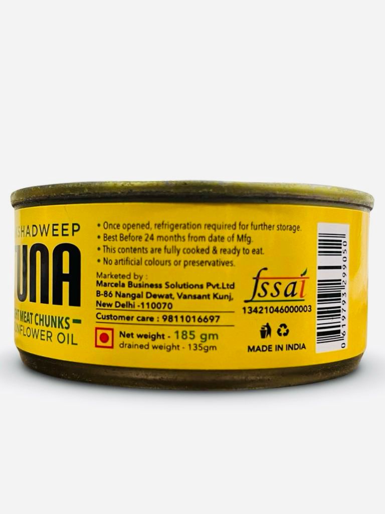 Lakshadweep Tuna | Light Meat Chunks In Sunflower Oil - Good Source Of Omega-3 And Protein, No Added Artificial Colours & No Added Preservatives - Marcela - 185gm