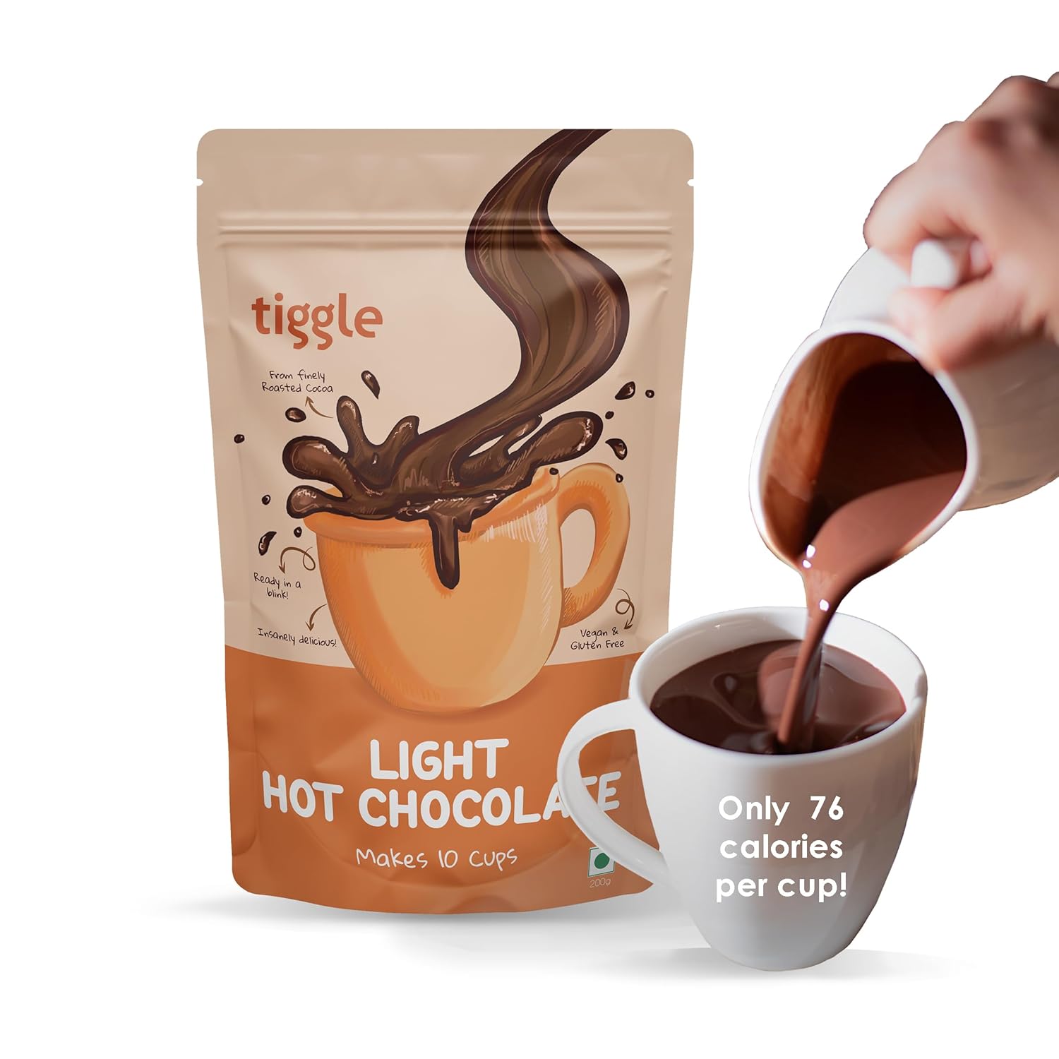 Chocolate Mix | Light Hot Chocolate Mix - Vegan, Gluten Free & Chemical Free - Tiggle - Make 10 Cups - 200gm