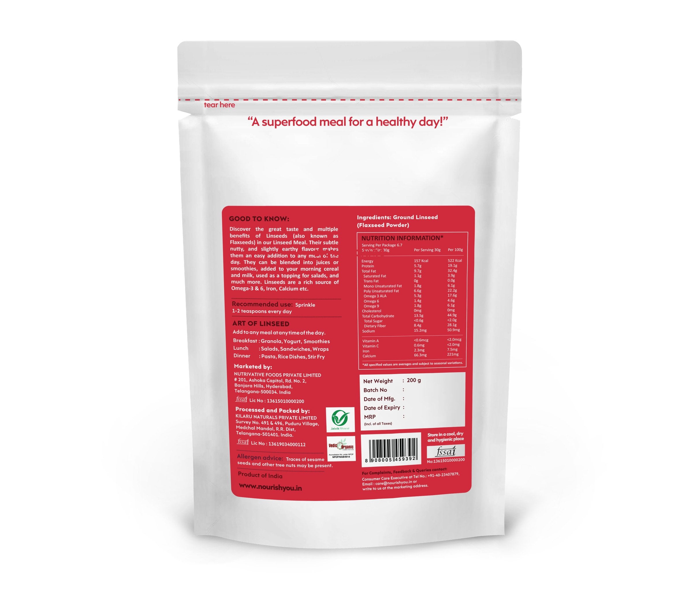 Linseed Meal (Flaxseed Powder) - Vegan, Gluten Free, Rich Source Of Protein, Omega – 3 Ala, Iron, Dietary Fibre & Calcium - Nourish You - 200gm
