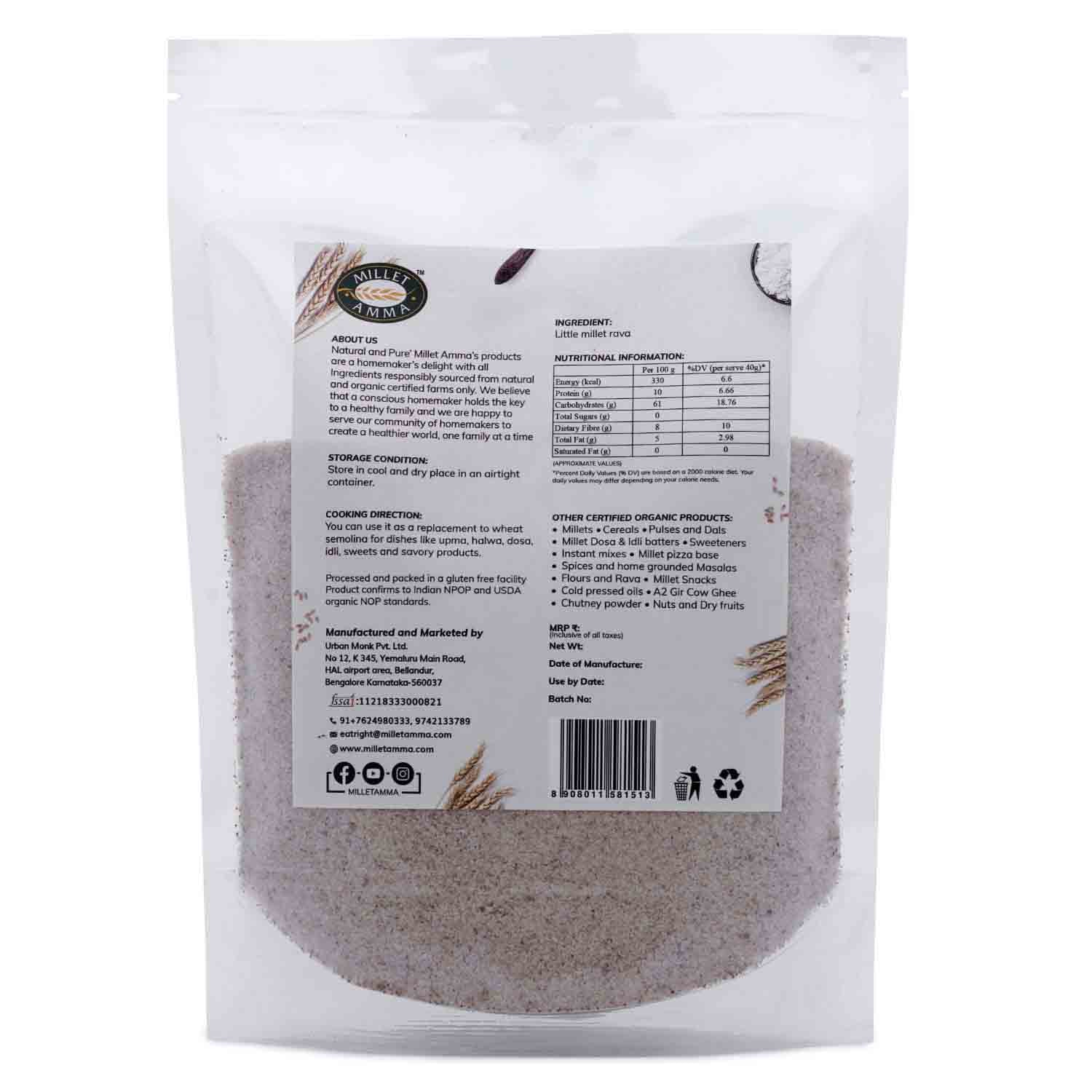 Little Millet Rava – Vegan & Gluten Free – Millet Amma – 500gm