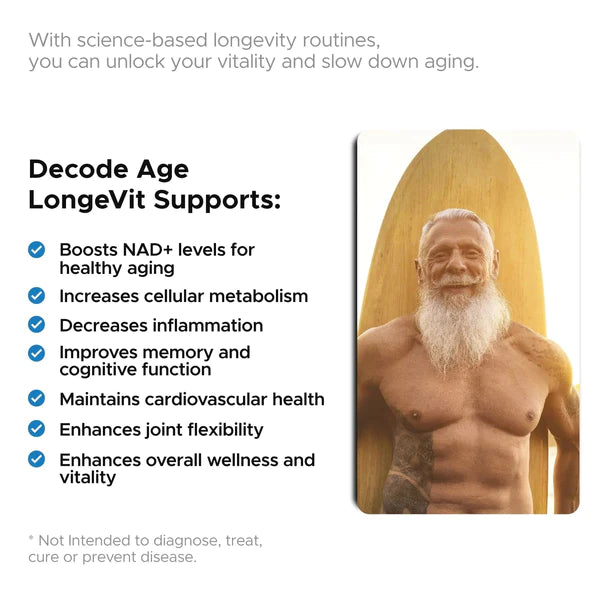 LongeVit | (Piponeer In Longevity Research) - Vegan, Gluten Free, Dairy Free & Gmo Free – Decode Age – 30 Capsules