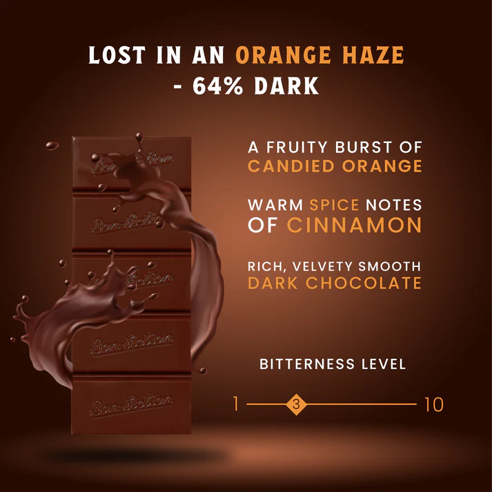 Dark Chocolate | Lost In An Orange Haze - 64% Dark Orange Cinnamon Chocolate - Tree To Bar – Single Origin – 100% Natural – Vegan, Gluten Free, Palm Oil Free, Non GMO, No Artificial Flavour & No Added Preservatives - Vegan – Bon-Fiction – 55gm