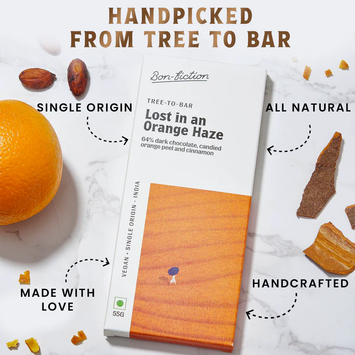 Dark Chocolate | Lost In An Orange Haze - 64% Dark Orange Cinnamon Chocolate - Tree To Bar – Single Origin – 100% Natural – Vegan, Gluten Free, Palm Oil Free, Non GMO, No Artificial Flavour & No Added Preservatives - Vegan – Bon-Fiction – 55gm