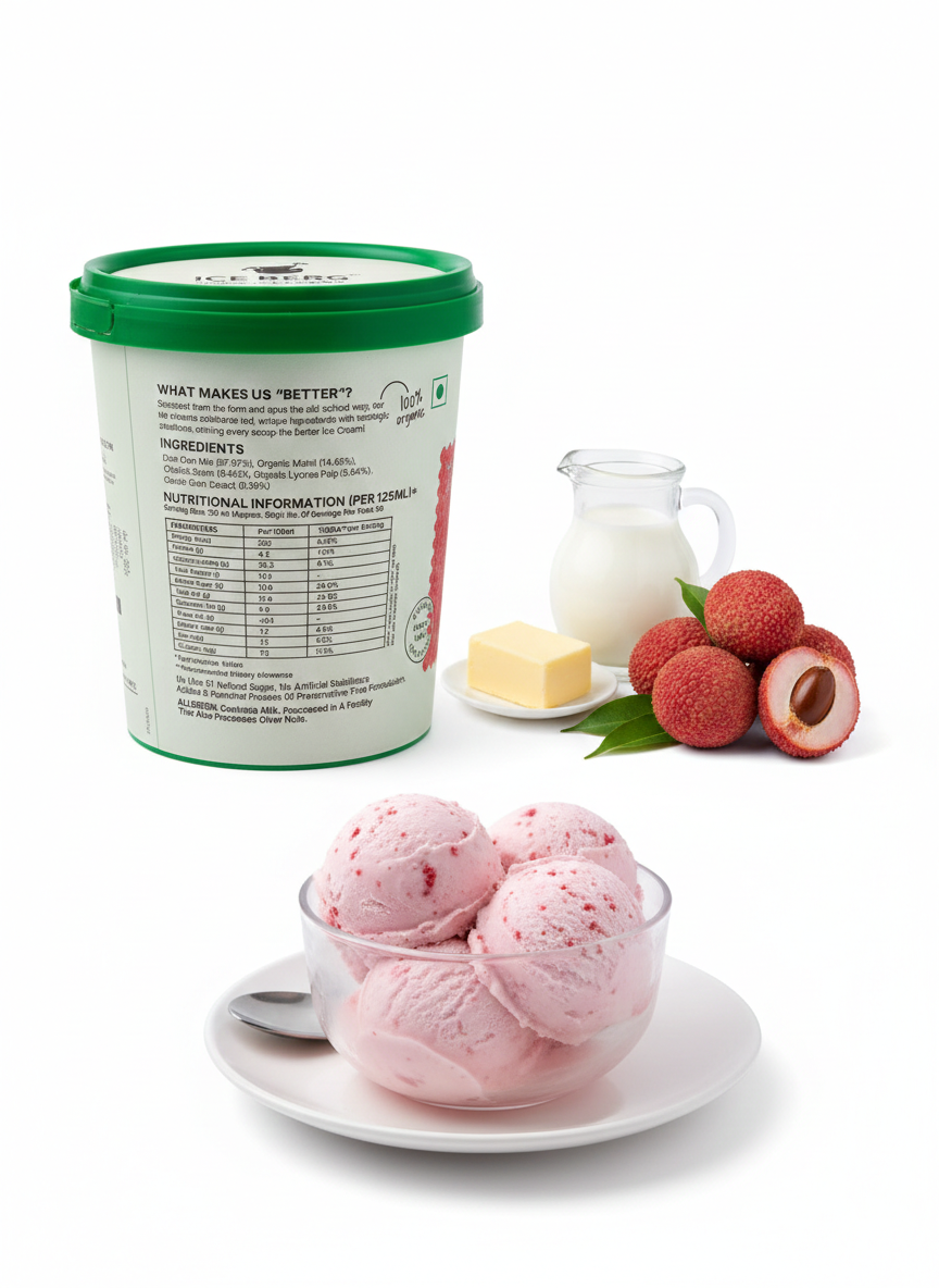 Ice Cream | Lush Lychee Ice Cream (Made From Real Milk, Gondh Gum, Organic Butter, Sitaphal ) - Churned with authentic & Real Ingredients - Iceberg Organic Ice Cream - 750ml