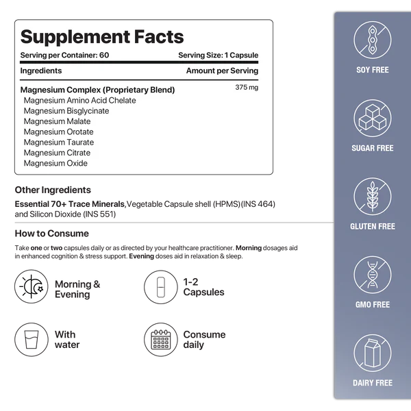 MAG7 | Seven Complex Magnesium - Aids Relaxation, Recovery & Blood Pressure Regulation - Vegan, Gluten Free, Soy Free, Sugar Free, Non GMO & No Artificial Sweeteners - Decode Age - 60 Capsules