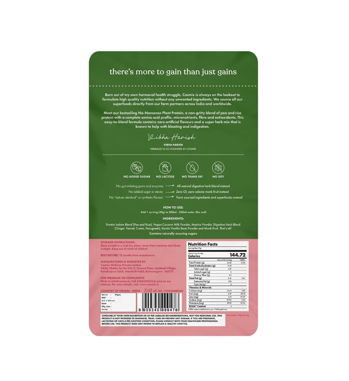 Protein Powder | Mahabaleshwar Strawberry Plant Protein (24gm Protein Per Serving) – No Nonsense - Gluten Free, Lactose Free, No Trans Fat, Soy Free, No Added Sugar, Artificial Flavors, No Gums & No Enzymes - Cosmix – 38gm