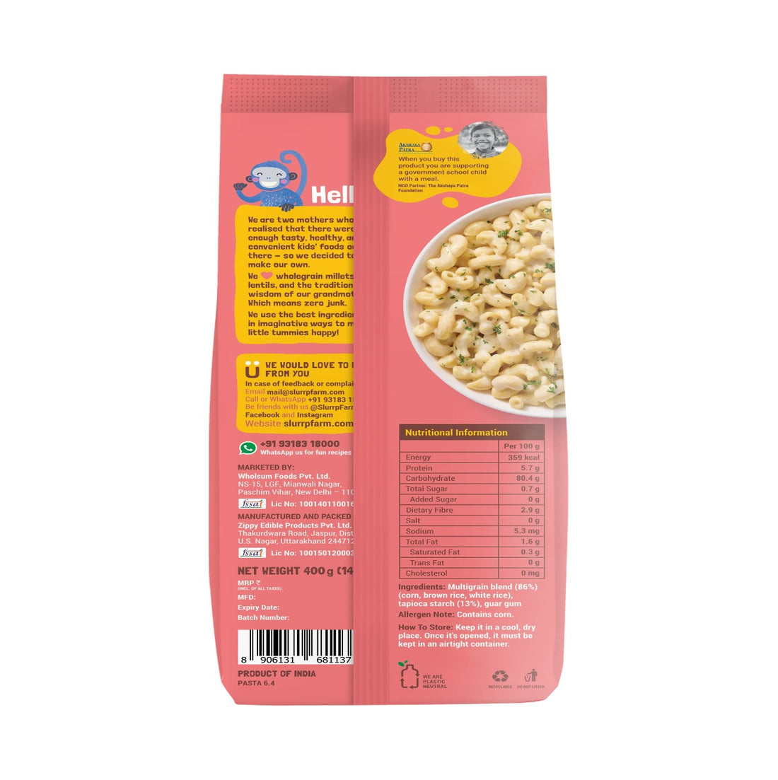 Macaroni Pasta – Multigrain - Indian - Vegan, Gluten Free, No Wheat, Zero Trans Fat & High Fiber – Slurrp Farm – 400gm
