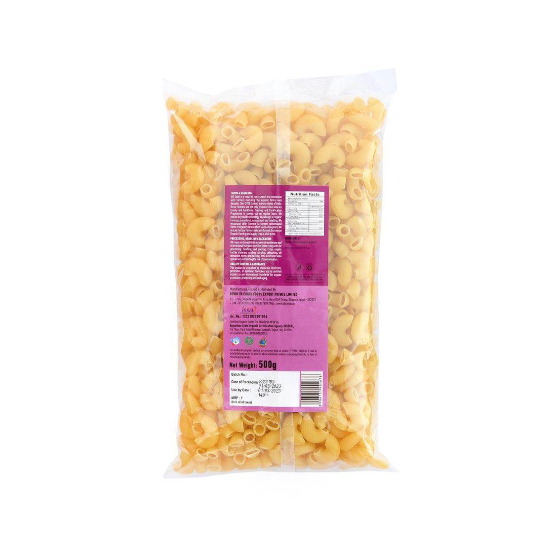 Pasta | Macaroni (Wheat Suji) - Certified Organic – DTE – 500gm