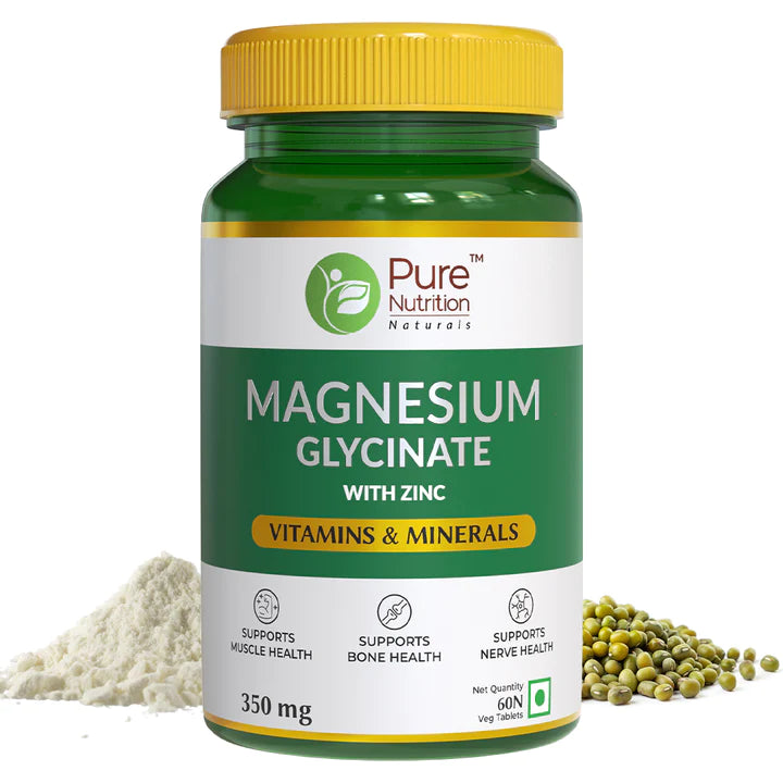 Magnesium Glycinate | (With Zinc) - Vitamin & Minerals - Support Bone, Muscle & Nerve Health - Pure Nutrition - (350mg) - 60 Capsules