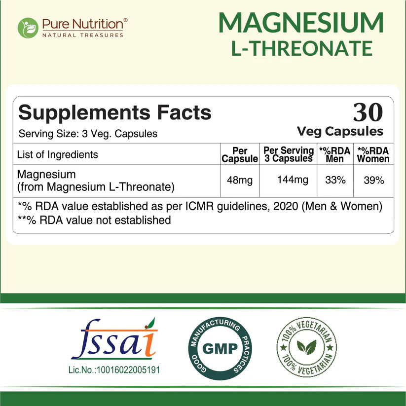 Magnesium L-Threonate | Supports Brain Function, Memory & Stress Relief – Pure Nutrition – 48mg – 30 Veg Capsules