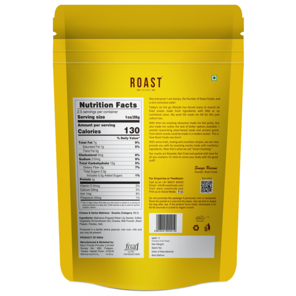 Makhana | (Cheese & Herbs) – 3g Protein Per Serving – Roasted – Not Fried – Gluten Free, No Added Artificial Colour, Trans Fat Free & No Added Preservatives – ROAST FOODS – 70gm