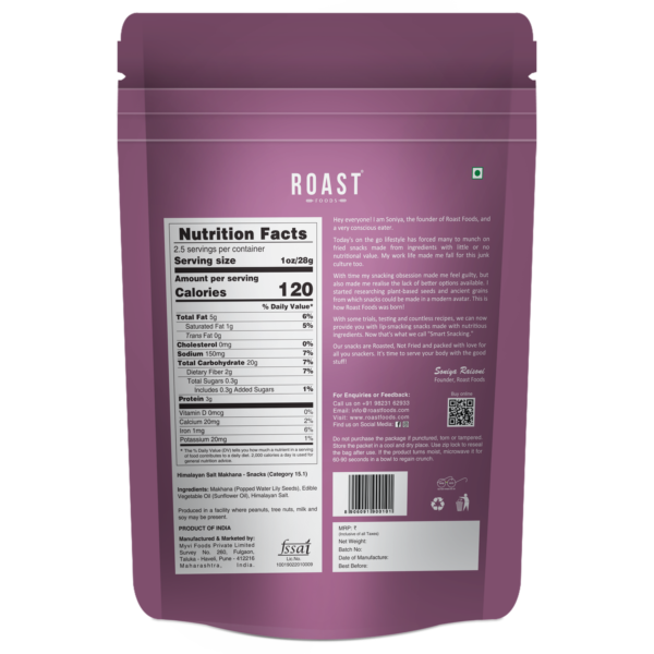 Makhana | Himalayan Salt – 3g Protein Per Serving – Roasted – Not Fried – Gluten Free, No Added Artificial Colour, Trans Fat Free & No Added Preservatives – ROAST FOODS – 70gm