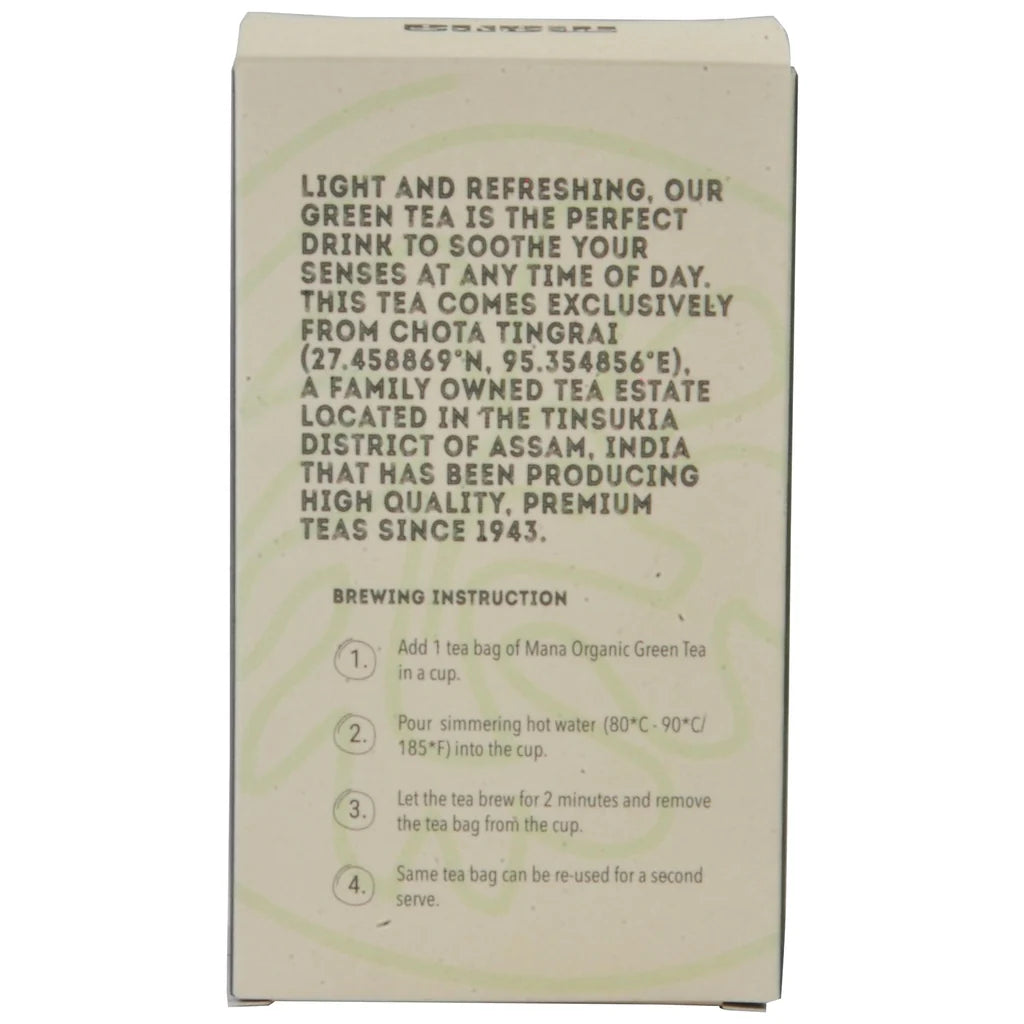Tea | Organic Green Tea -USDA Organic-Authentic Indian Chai Featuring Assam Tea-No Preservatives- Mana - 25 Tea Bags