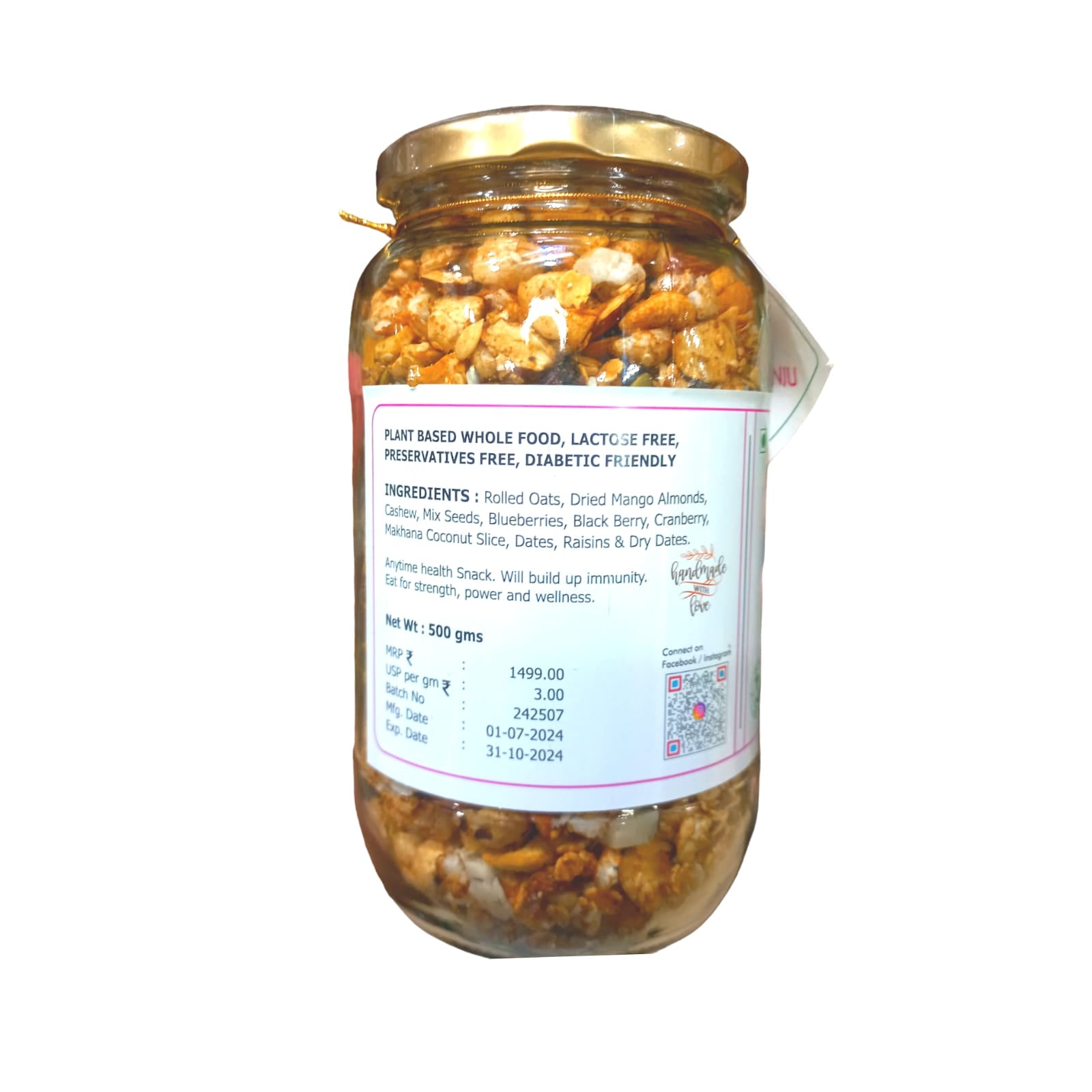 Granola | Mango Berry Granola - Plant Based Whole Food - Oil Free, No Added Preservatives, Lactose Free & Diabetic Friendly - Bliss Box Foods - 500gm