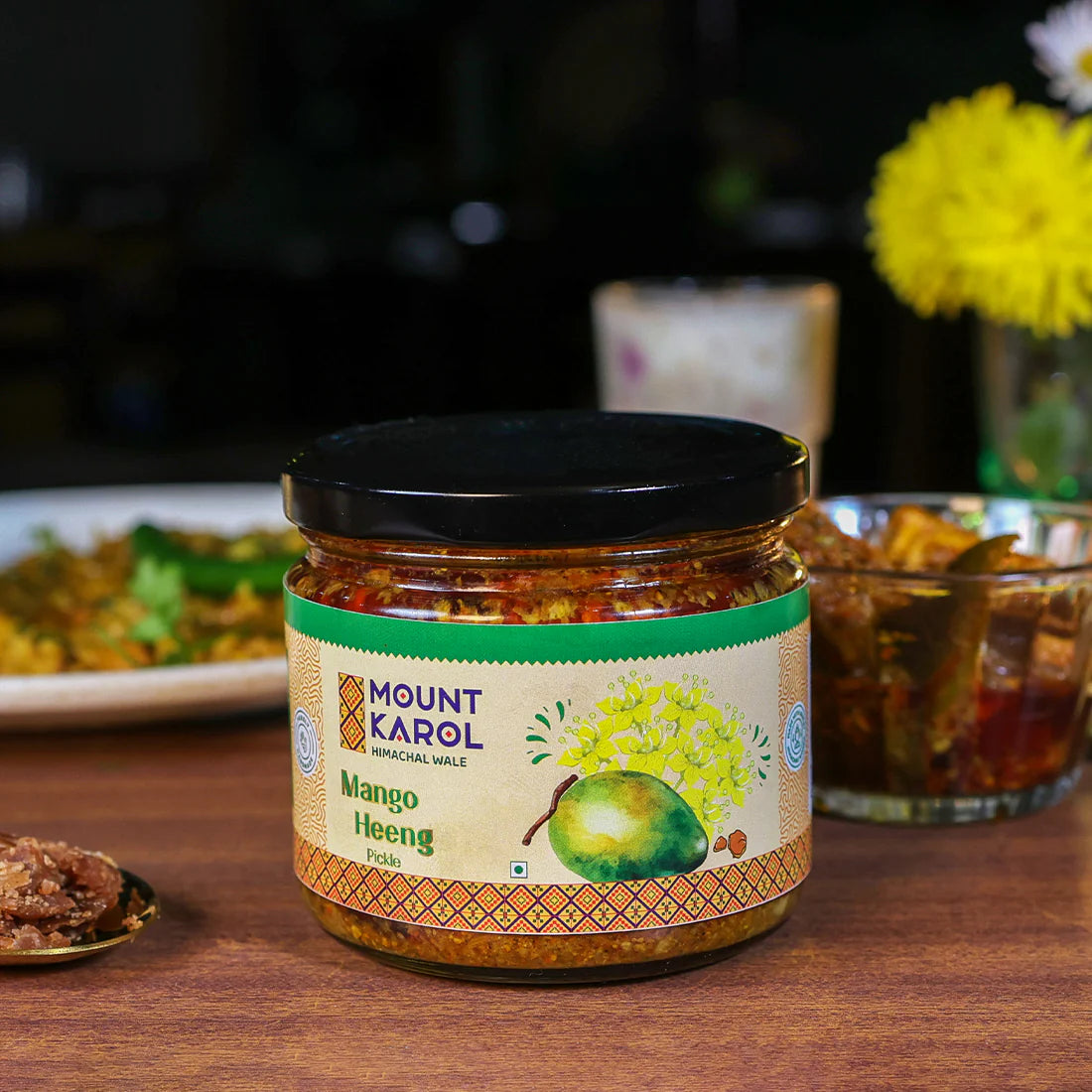Pickle | Mango Heeng Pickle (Made With Cold Pressed Mustard Oil) - Pure Himalayan Flavor - No emulsifiers, Stabilisers, Nothing Artificial, No Flavour Enhancers, Colours & No Artificial Preservatives - Mount Karol - 220gm